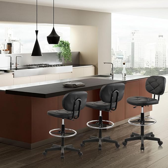 KLASIKA Tall Drafting Rolling Stool Chair with Low Back Support and Adjustable Foot Rest Ring Set of 4 PU Leather Vinly Wide Seat Swivel Standing Desk Chair for Office Home 4 Pack