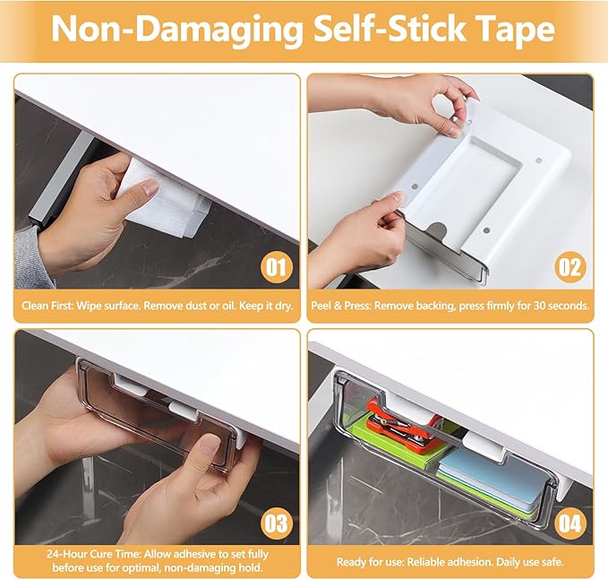 Under Desk Storage Drawer Self-Adhesive Easy Hidden Desktop Organizer, Attachable Clear Acrylic Storage Tray Under Table Drawer for Home Office School Counters Workstation