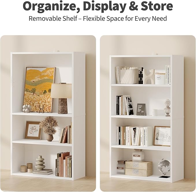 Sweetcrispy Industrial 4 Shelf Bookcase - Large 42.1 Inch Tall Floor Standing Open Bookshelf for Home Office, Living Room, and Bedroom Storage, Classic White
