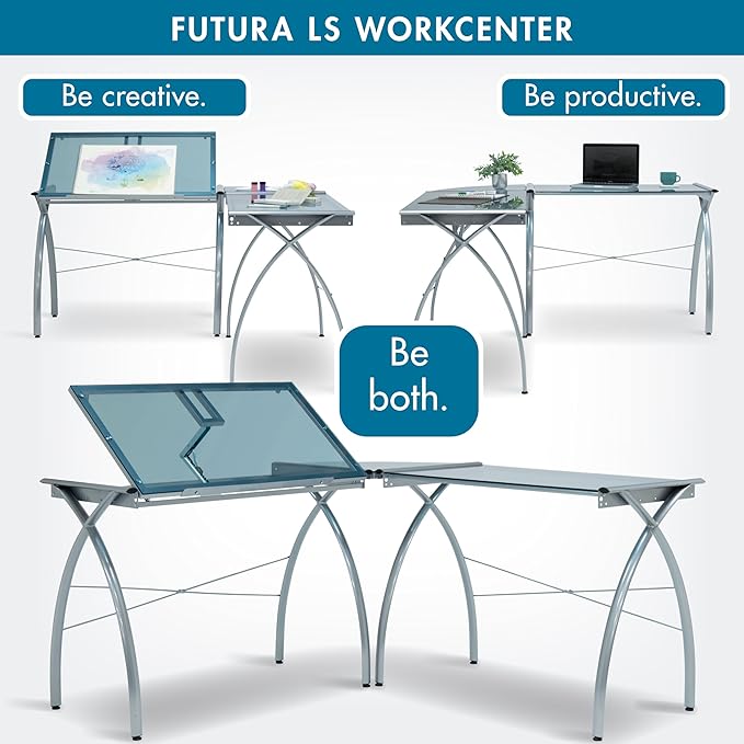 SD STUDIO DESIGNS Futura LS WorkCenter with Tilt Top Adjustable Drafting Table Craft Table Drawing Desk Hobby Table Writing Desk Studio Desk, Silver / Blue Glass