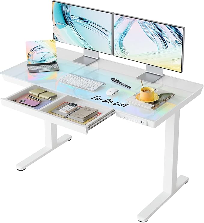 HUANUO Glass Standing Desk with Drawers, 48 x 24 Inch Electric Adjustable Height Desk, Quick Install One-Piece Tabletop with USB Charging Ports, White