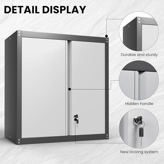 Metal Garage Storage Cabinet, Metal Wall Cabinets with Doors and Shelves, Steel Locking Cabinets, Floating Tool Cabinet for Garage, Basement, Warehouse