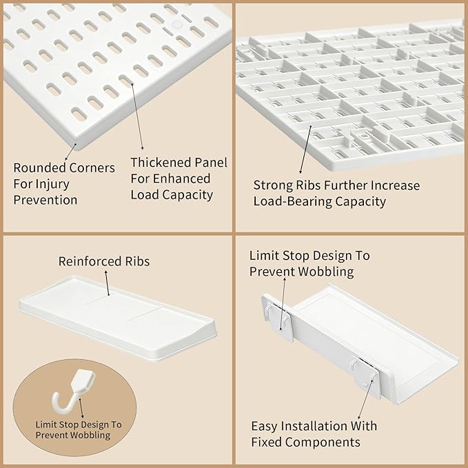 LBW Pegboard Wall Organizer, 6-Pack 11.8" × 11.8" White ABS Peg Board Panels with 27 Accessories, Modular Plastic Pegboard Combination Kit for Home, Office, Garage, Tool Storage & Craft Room