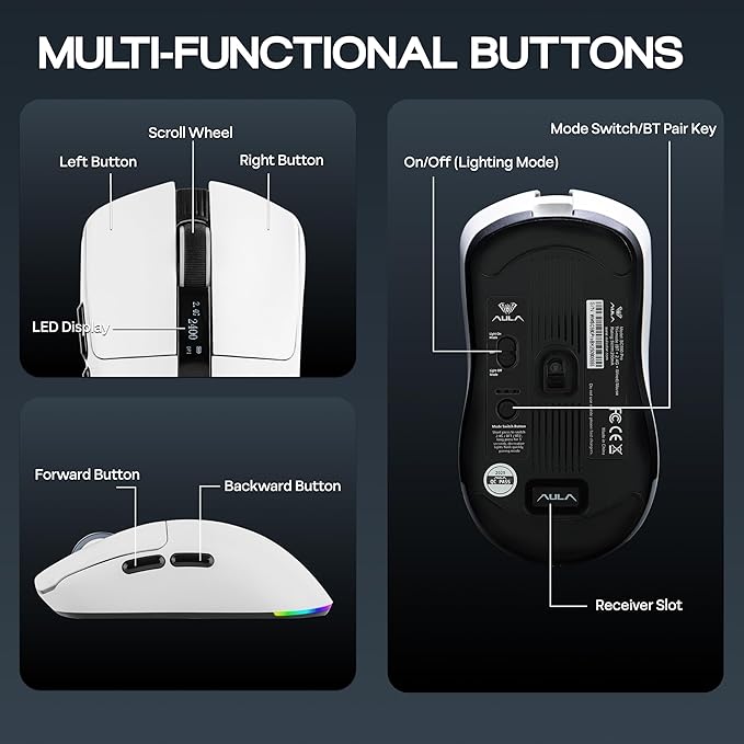 MechLands Aula SC590 PRO Gaming Mouse with Display Screen, 2.4G/USB-C/BT Wireless Mouse with 500mAh Battery, Adjustable 20,000 DPI & 1000 Polling Rate, PAW3311 Sensor, for Win/Mac/Gaming (White)