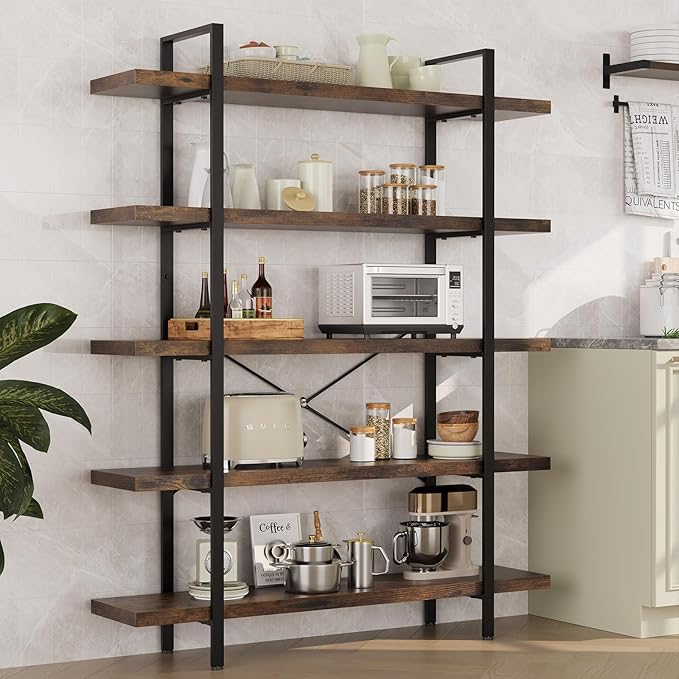 OtterOasis Bookshelf Set of 2, Heavy Duty 5-Tier Industrial Bookcase, 47" Wide Wood Bookshelf for Home Office, 120lbs Shelf Capacity, Rustic Open Display with Horizontal Shelf for Living Room Bedroom