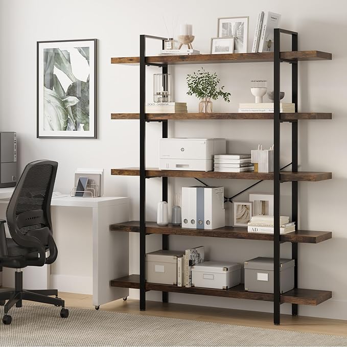 OtterOasis Bookshelf Set of 2, Heavy Duty 5-Tier Industrial Bookcase, 47" Wide Wood Bookshelf for Home Office, 120lbs Shelf Capacity, Rustic Open Display with Horizontal Shelf for Living Room Bedroom