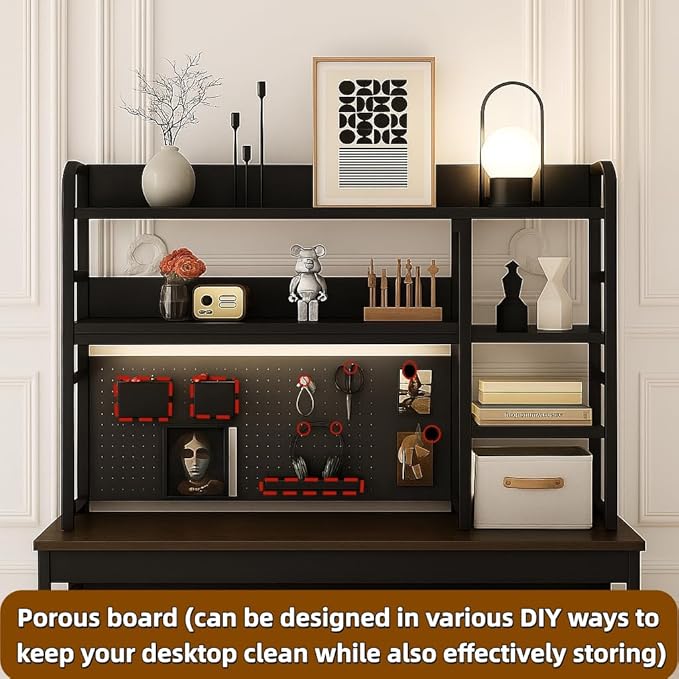 Desktop Bookshelf, pegboard Storage and Organization Rack, Dorm Desk Shelf, Desk Hutch, Desktop Storage for Office, Study, Student Display Rack,Desktop Shelves (Black 37.4" Lx9.9 Wx37 H)