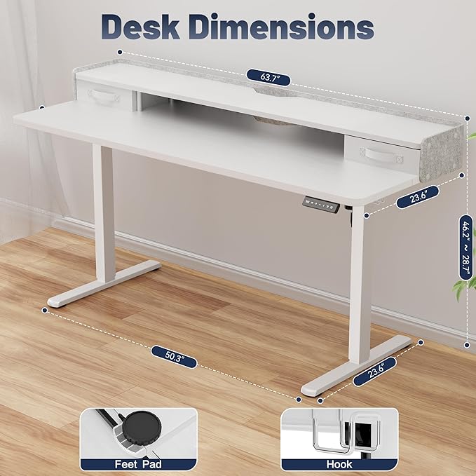YESHOMY 63" x 23" Electric Standing Desk with 2 Drawers, Height Adjustable Computer Desk, Low Noise Home Office Stand Up Desk with 2 Preset Heights & 2 Hooks, White