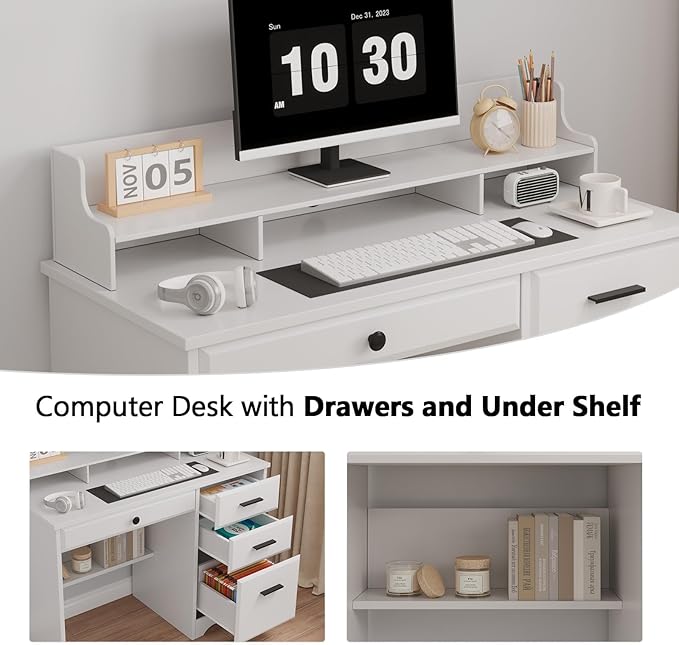 4 EVER WINNER White Desk with Drawers, 44 Inch Small Computer Desk with File Drawer and Monitor Stand, Wood Desk with Storage Shelf for Small Spaces, Living Room, Bedroom, White