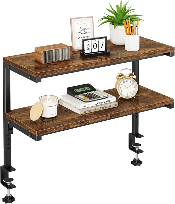 IBUYKE Clamp on Desk Shelf, 22.8” Large Desk Extender Shelves,Tool-Free Flexible Repositioning and Adjustable 2-Tier Storage Shelves for Desktop Accessories Below Desk TMZ010H