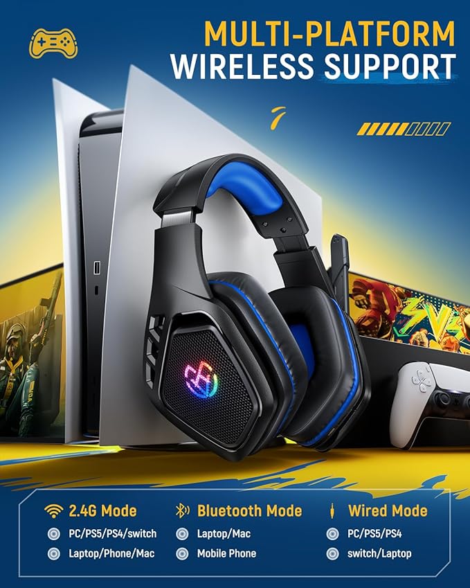 Tatybo Wireless Gaming Headset for PC, Ps5, Ps4, 2.4 Ghz USB & Type-C Gaming Headphones with Microphone, 30H Battery Bluetooth Headphones for Switch, Laptop, Mobile, Mac (Black Blue)
