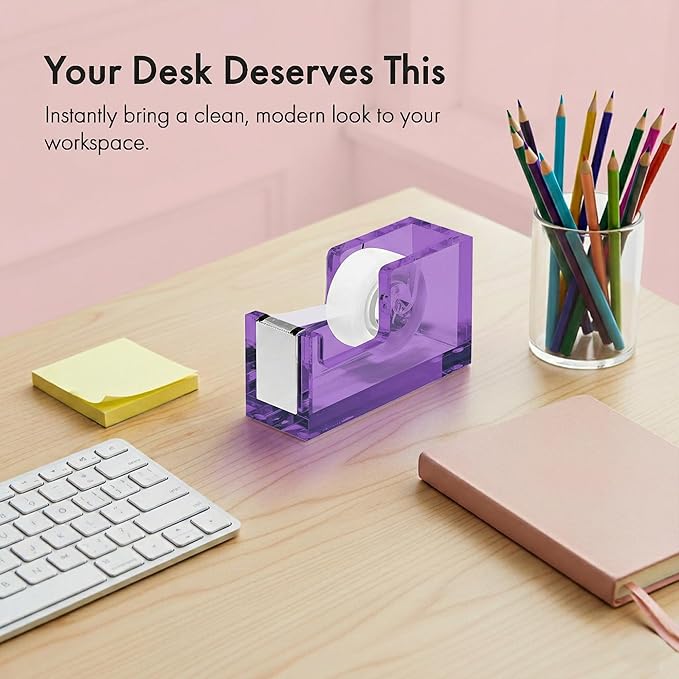 OfficeGoods Acrylic Tape Dispenser – Modern Desk Organizer for Office Supplies, Heavy Duty Refillable Tape Holder for Home and School Crafting, Stylish Desktop Accessory for Gift Wrapping, Purple