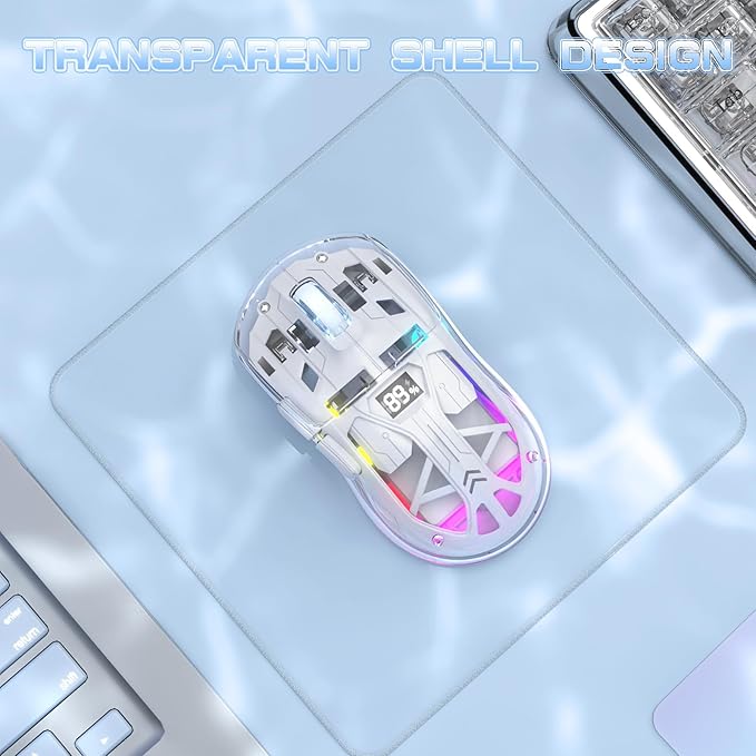 ZIYOU LANG A2 Transparent Wireless Gaming Mouse with Battery Level Display,Bluetooth/2.4G Wireless PC Mice,3D RGB Backlit,5 Million Clicks,PixArt 3212,up to 4000 DPI for Win/MAC (White)