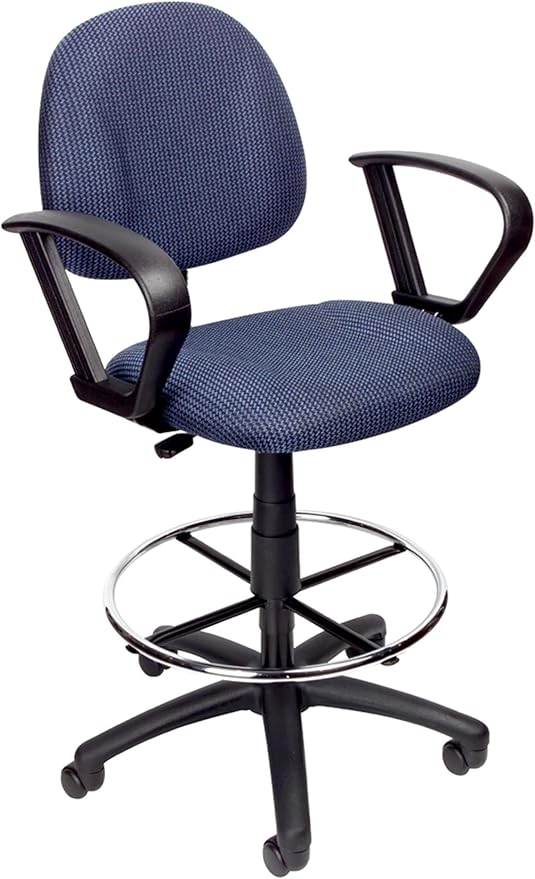 BOWERY HILL Contemporary Fabric Drafting Stool, Blue Tweed Upholstery, Adjustable Loop Arms, Pneumatic Seat Height, Chrome Footrest, Nylon Base, Dual Wheel Casters, Ergonomic Office Chair