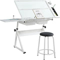 Glass Drafting Table Art Desk – Adjustable Professhional Artwork Drawing Drafting Table Desk, Glass-Topped Art Table for Craft Station Studio Home Office School w/Drawers (White)