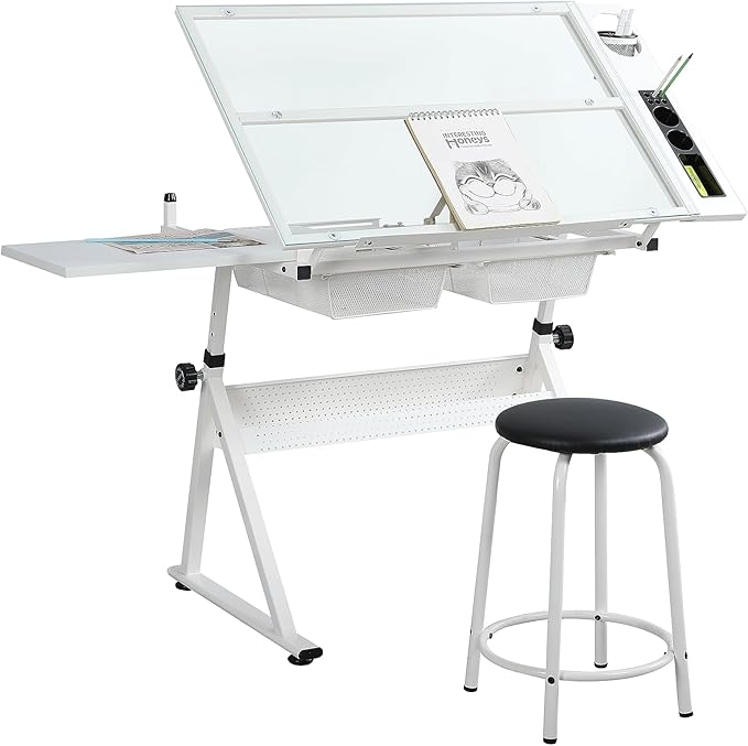 Glass Drafting Table Art Desk – Adjustable Professhional Artwork Drawing Drafting Table Desk, Glass-Topped Art Table for Craft Station Studio Home Office School w/Drawers (White)