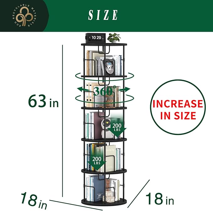 5Tier Rotating Bookshelf, Spinning Bookshelf Tower,360 ° Display Space Saving Standing Round Swivel Bookcase Corner Storage Organizer for Bedroom Living Room Office，Black