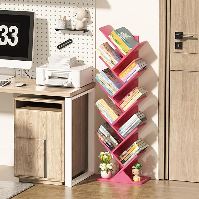 SHEEPAM 10 Tier Tree Book Shelf, Floor Standing Wood Bookshelf for Narrow Space, Storage Organizer Bookshelves for Books/CDs/Magazine, Bookcase with Shelves for Home Office, Living Room - Pink