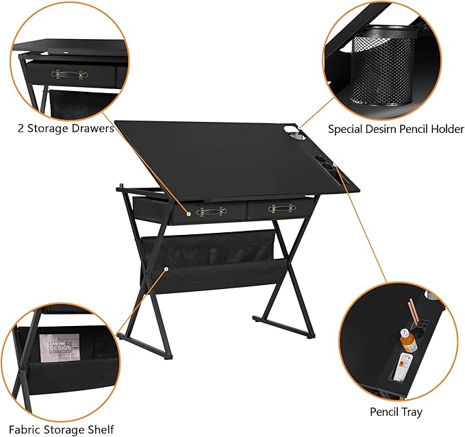 VECELO Drafting Table Art Desk Art Table Adjustable Drawing Table Tilted Tabletop with 2 Storage Drawers and Stool, Drawing Desk for Artist Painters Drawing, Crafting, Reading, Writing, Black