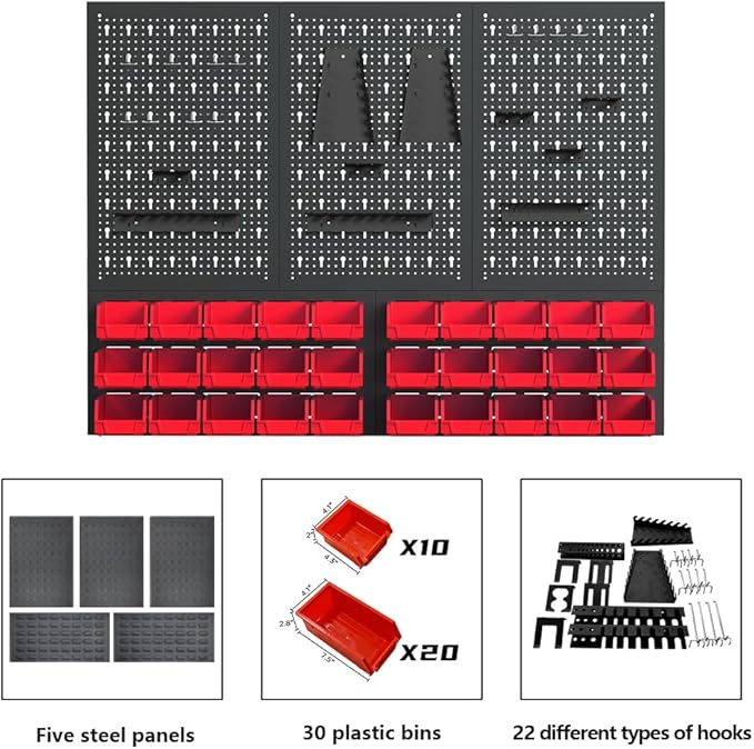 JZD Steel Pegboards Wall Organizer System with Accessories, Tool Rack Included 5 Metal Panels, 10 Tool Holders, 12 Hooks & 30 Storage Red Plastic Bins, for Garage Workshop Home, Black