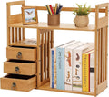 Bamboo Desktop Bookshelf, Organizer Office Desk Storage Display Shelf Rack with 3 Drawers Desk File, Office Counter Top Bookcase for Home School