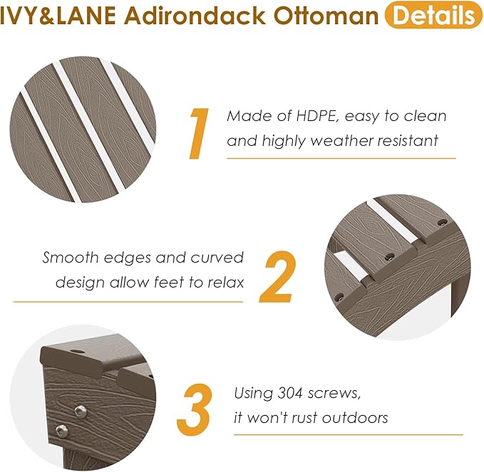 IVY&LANE Outdoor Adirondack Ottoman | Folding | Set of 2 | HDPE Wood Grain | Desert Brown | All Weather | Waterproof Patio Footrest for Adirondack Chair | Poly Lumber Foot Rest for Deck Backyard