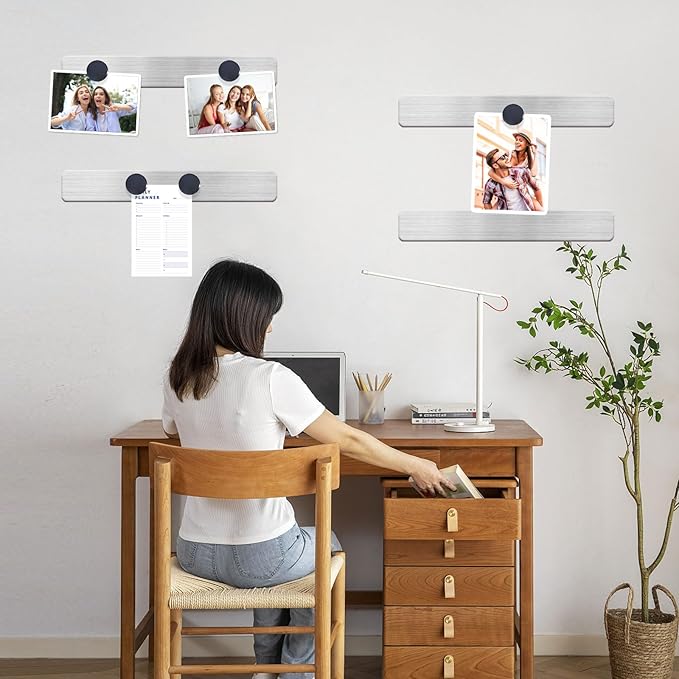 Magnetic Board Magnet Bulletin Board Frameless Stainless Iron Board Strips, Magnetic Strips with Adhesive Backing Magnet Board Memo Board with 10pcs Black Magnets for School Office Home, 6PCS