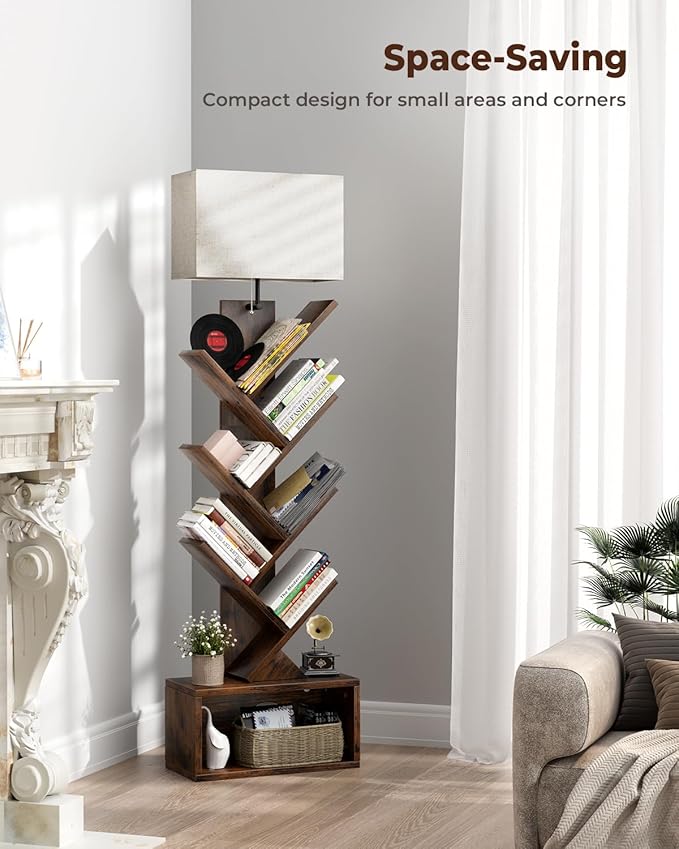 Evermagin 6 Tier Tree Bookshelf with Smart Light, Small Bookcase Tower with Remote Control, Tall Floor Standing Book Organizer for Living Room, Bedroom & Home Office, Rustic Brown