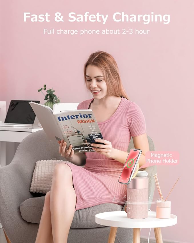 COLSUR Bluetooth Speaker, Magnetic Wireless Charger, Bluetooth Speakers with Night Light, 2 in 1 Wireless Charging Station for iPhone 17/16/15/14/13/12 Series, AirPods Pro 2/4/3/2（Gift Ideal） (Pink)