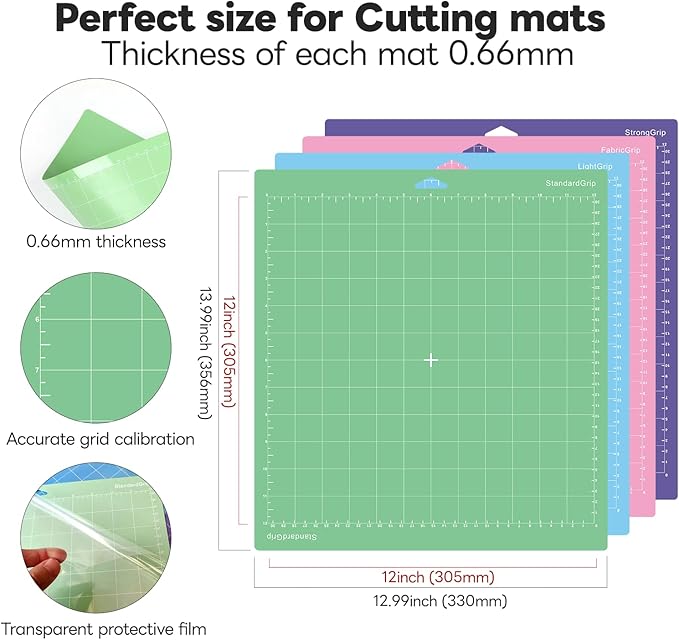 Cutting Mat for Cricut,12x12 inch 4 Pack Variety Cutting Mats (LightGrip,StandardGrip,StrongGrip,FabricGrip) Replacement Accessories for Cricut Maker 3/Maker/Explore 3/Air 2/Air/One
