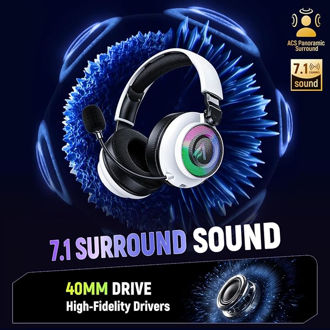 Ultra-Light 3-in-1 Wireless Gaming Headset for PS5 PS4 Xbox, 7.1 Surround Sound, Noise Cancelling Mic, RGB Lights, 40H+ Battery, Lossless Audio, Comfy Over Ear Headphones for PC, Switch, Mac