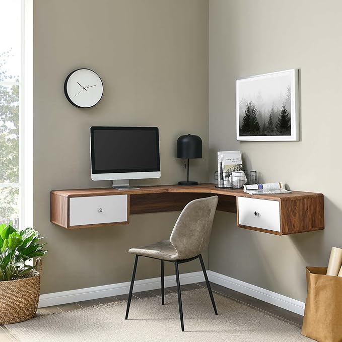 Modway EEI-5863-WAL-WHI Transmit 55" Wall Mount Corner Wood Office Desk, Walnut White