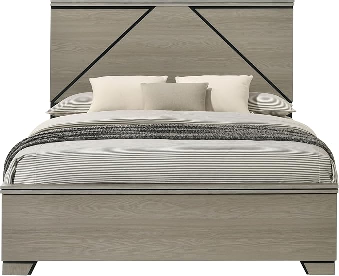 Joanna Weathered Gray Queen Bed w/LED Box Spring Required (4 Slats + 4 Support Leg), Bed Follow Us Standard: Mattress Size 80"L X 60"W (Q) Headboard With LED Light Bed Leg height: 33"H, Internal Siz
