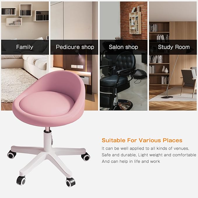 Rolling Stool Chair with Backrest, Round PU Leather Adjustable Height Hydraulic Swivel Rolling Stool for Spa Salon Tattoo Massage Doctor Dental Medical Office Pink