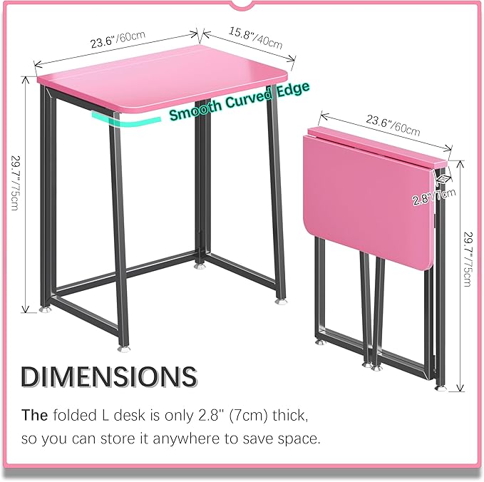 4NM 23.6" Mobile Small Folding Desk, Foldable Rolling Computer Home Office Desk, Study Writing Table for Small Space Saving Bedroom, with Wheels - Pink and Black
