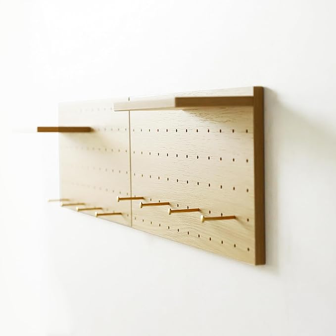 Wooden Pegboard, Sturdy Peg Board for WallsModular Grid Organizer, DlY Storage and Display Panels withShelves and Brass Hooks(Color:Oak)