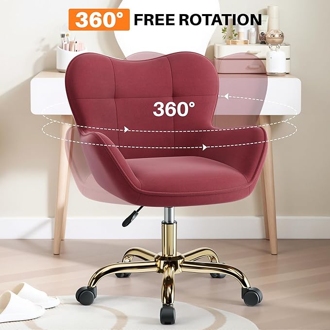 Vanity Chair with Wheels, Cute Home Office Desk Chairs Adjustable Height for Living Bedroom, Small Modern Fluffy Velvet Makeup Chair with Back for Girls (Rose Red)