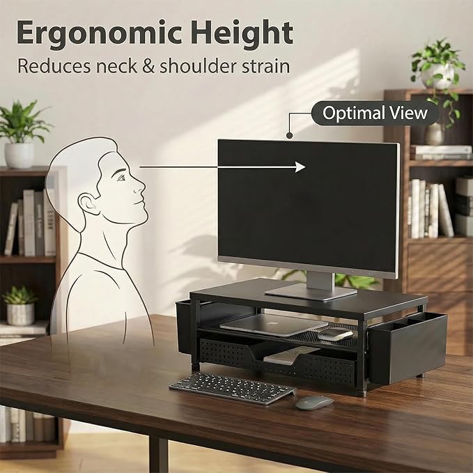 ECOLOVI Desk Organizer and Accessories, 2-Tier Computer Monitor Stand Rise with Storage Drawer & 2 Pen Holders, Laptop & Printer Stand for Desktop, Workspace Organizers for Office Supplies (Black Wood)