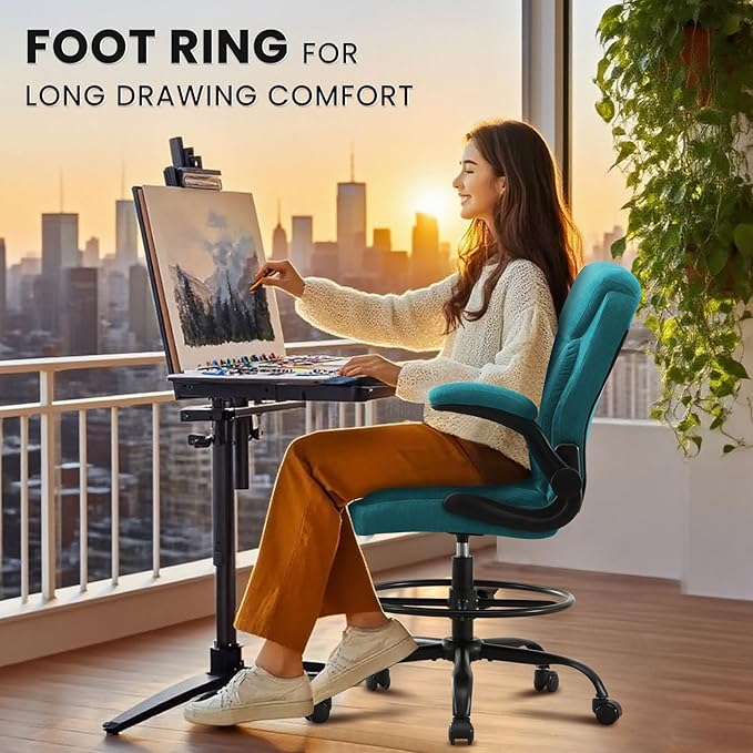 MAHOMICO Drafting Chair for Standing Desk – Tall Office Chair with Adjustable Height & Foot Ring, Flip-Up Arms, Lumbar Support – Comfortable Fabric Seat, Ideal Home Desk Chair