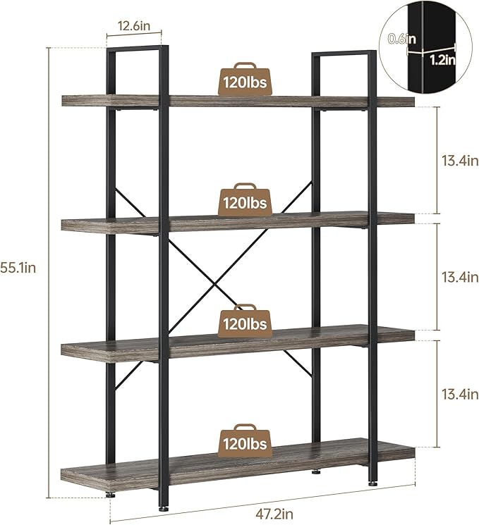 OtterOasis Heavy Duty 4-Tier Industrial Bookcase, 47" Wide Wood Bookshelf for Home Office, 120lbs Shelf Capacity, Rustic Shelving Display with Reinforced Horizontal Shelf for Living Room Bedroom,Grey