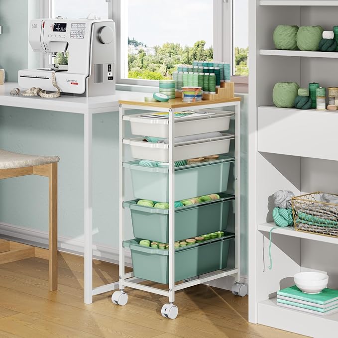 Rolling Storage Cart with 5 Drawers, Craft Organizer, Wooden Tabletop Utility Cart for Bedroom, Children's Room and Office Organization, Table Side Trolley with Lockable Wheels, Green