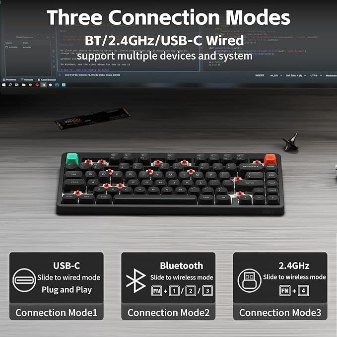nuphy Node75 Wireless Mechanical Keyboard, 75% Hot Swappable Custom Keyboard, 82 Keys Computer Gaming Keyboards, Supports Touch Gestures, PBT Keycaps, RGB Backlit, Bluetooth/2.4GHz/USB-C