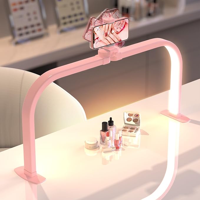 Upgrade Large Half Moon Light for Nail Desk with Phone Holder for Nail Lamp, Foldable Arch Moon Light Tech Perfect for Professional Manicure (Pink, Large)