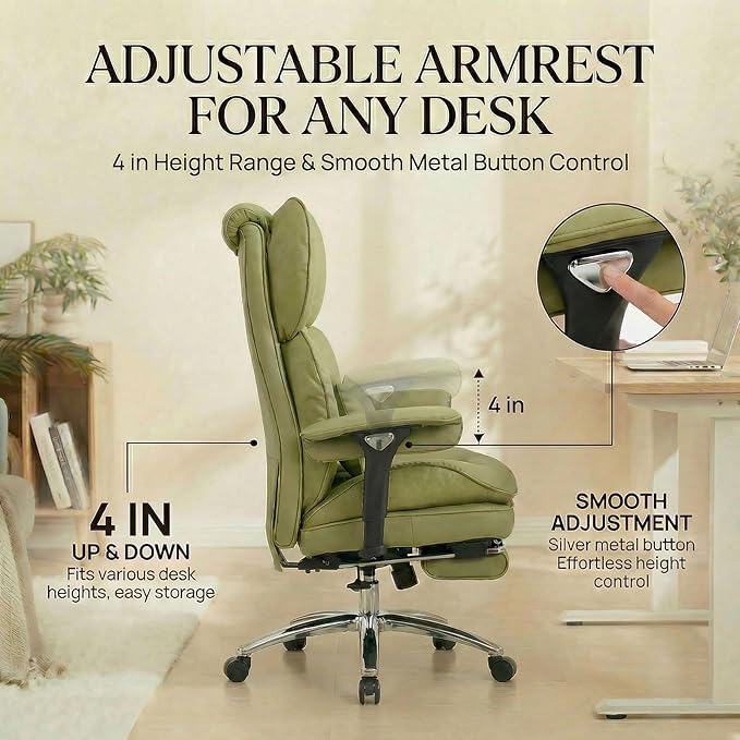Efomao Big & Tall Executive Office Chair with Footrest - 400lbs Heavy Duty High Back PU Leather Desk Chair, Modern Ergonomic Reclining Computer Chair, Green