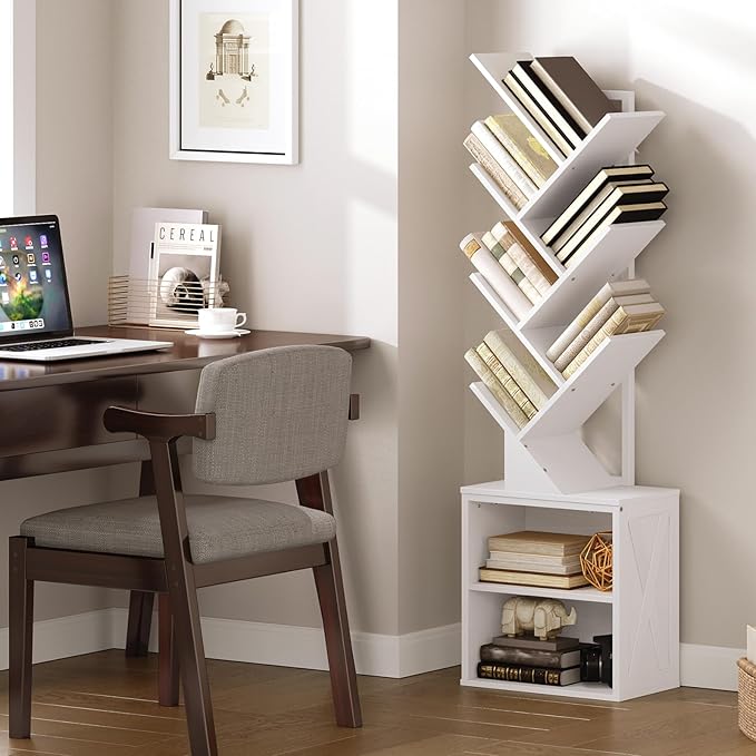 RALGEND Tree Bookshelf, 6 Tier Bookcase with 2 Storage Racks, Free Standing Wooden Bookcase, Floor Standing Book Shelf Organizer for Living Room, Bedroom, Study, Home Office, White