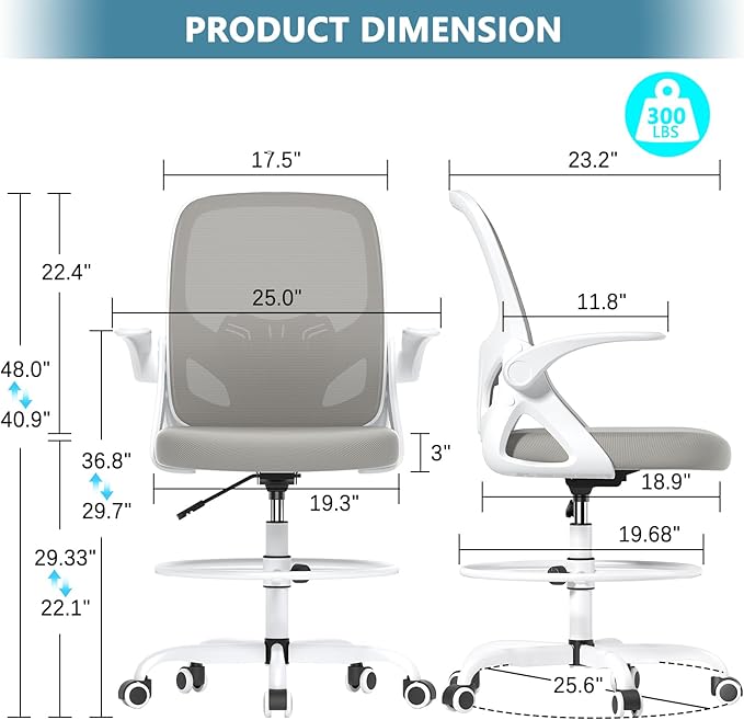 Kensaker Drafting Chair Tall Office Chair, Ergonomic Standing Desk Chair with Adjustable Foot Ring and Flip-up Armrests, Mesh Computer Chair for Art Studio, 300 LBS, Gray