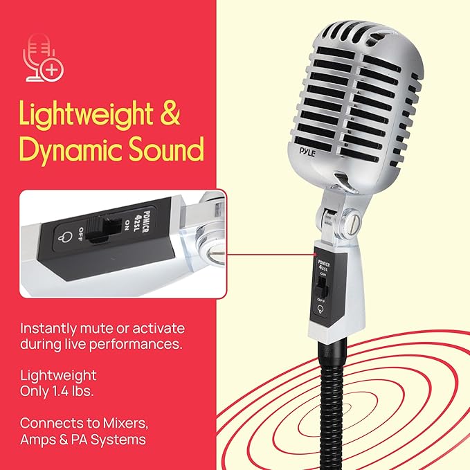 Pyle Classic Retro Dynamic Vocal Microphone - Old Vintage Style Unidirectional Cardioid Mic with XLR Cable - Universal Stand Compatible - Live Performance In Studio Recording - PDMICR42SL (Silver)