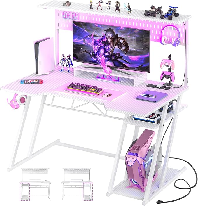 Armocity Gaming Computer Desk with Power Outlets, Gaming Desk with Hutch and LED Lights, Reversible PC Gaming Desk with Pegboard, Carbon Fiber White, 47"