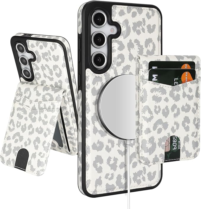 SkyEagle Compatible with Magsafe 2 in 1 Detachable Galaxy S25 Wallet Case with Card Holder,Women Men Magnetic PU Leather RFID Blocking Flip Kickstand Credit Slots for Galaxy S25 6.2",Leopard-White