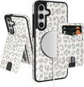SkyEagle Compatible with Magsafe 2 in 1 Detachable Galaxy S25 Wallet Case with Card Holder,Women Men Magnetic PU Leather RFID Blocking Flip Kickstand Credit Slots for Galaxy S25 6.2",Leopard-White